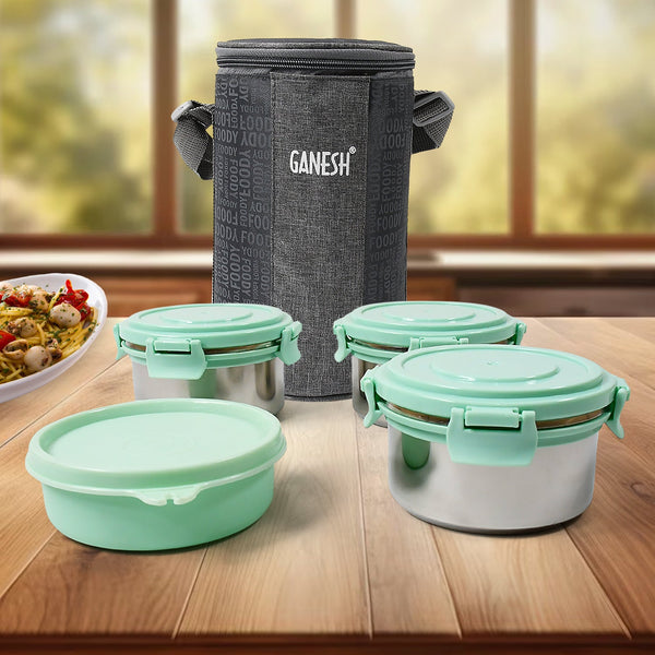 Ganesh 4In1 Tiffin Box-Lunch Box | 3 Stainless Steel Containers 300 Ml Approx & Plastic Salad Container 200 Ml Approx| Plastic lid Box | Round Zip Bag | Leak Proof | Microwave Safe for Office, College and School for Men, Women