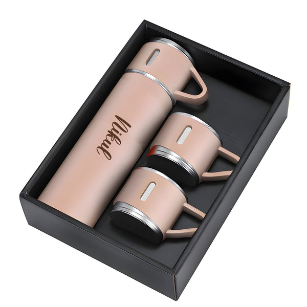Customized Stainless Steel Vacuum Flask Set with 3 Cups – 500ML | Personalized Name Bottle Gift Combo for Boyfriend, Girlfriend, Employee