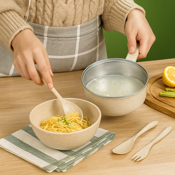 Rice Bowl Noodle Set – 6 Pcs with Lid, Handle & Cutlery