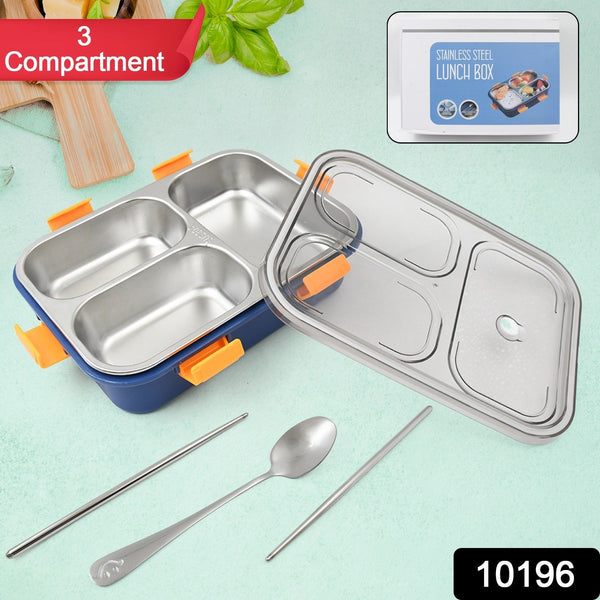 3 Compartment Transparent Stainless Steel Lunch Box with a Spoon and a Pair of Chopsticks (1 Set) - asurekart.com