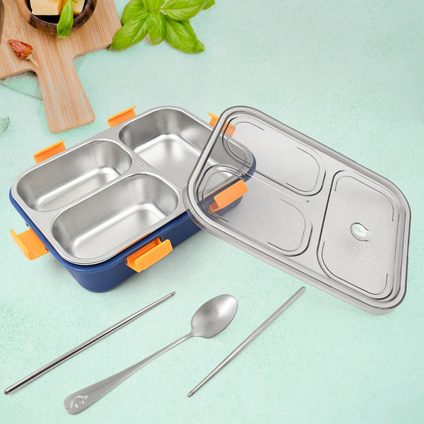 3 Compartment Transparent Stainless Steel Lunch Box with a Spoon and a Pair of Chopsticks (1 Set) - asurekart.com