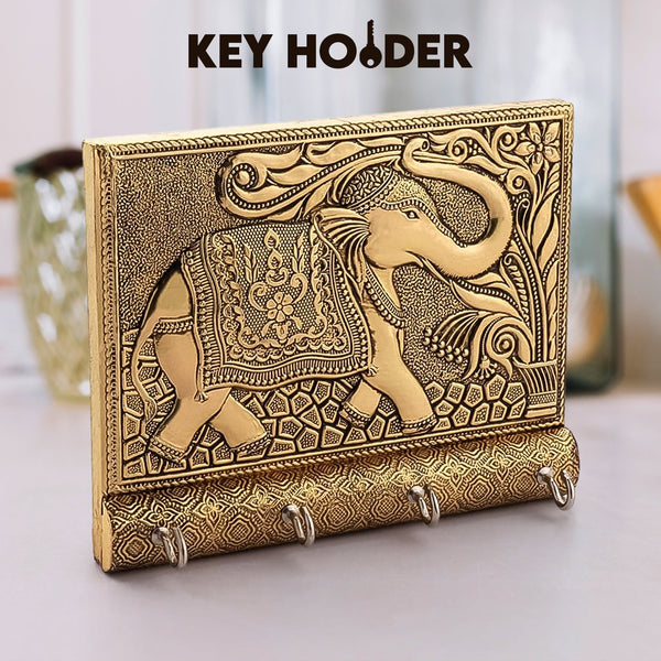 Wooden Key Holder for Home Decor Stylish Metal Gold Antique Elephant Design (1 Pc) - asurekart.com