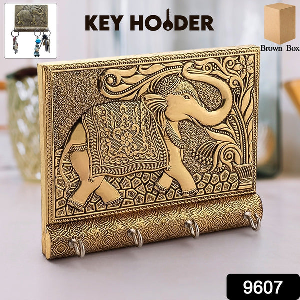 Wooden Key Holder for Home Decor Stylish Metal Gold Antique Elephant Design (1 Pc) - asurekart.com